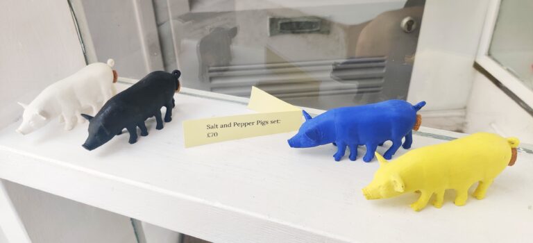 Mutant pig slat and pepper shakers by Rosalie Morris at Sandgate Ceramic