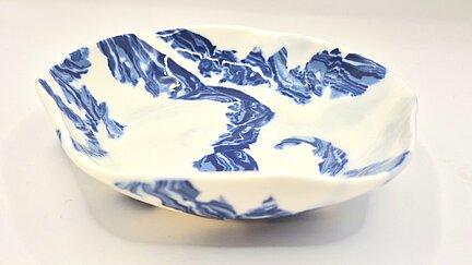 Blue and white porcelain dish by Rosalie Morris at Sandgate Ceramic