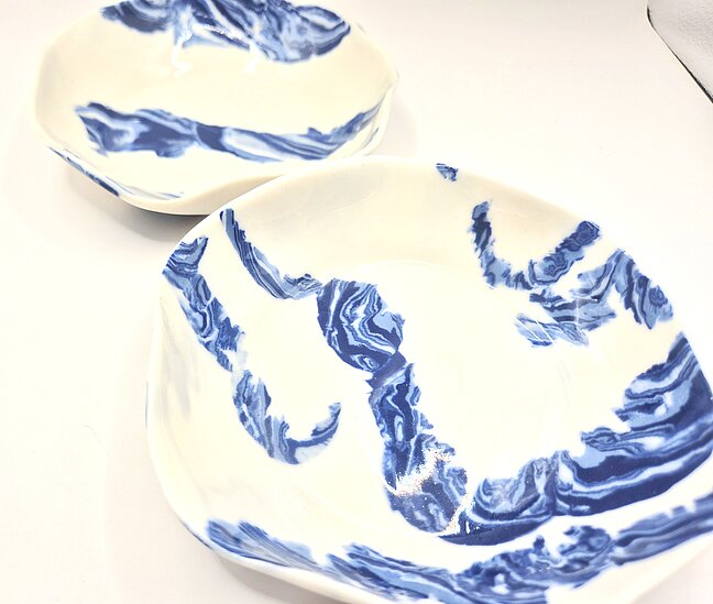 Blue and white porcelain dish by Rosalie Morris at Sandgate Ceramic