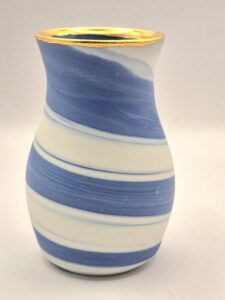 blue and white small bud vase with gold trim